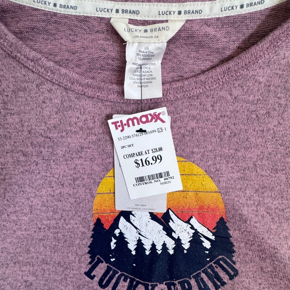 Lucky Brand Womens Pink Mountain Graphic Lounge Top Rainbow Trim Large NEW - Picture 3 of 4